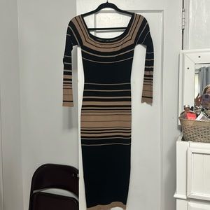 Off the shoulder, brown and black stretchy midi dress